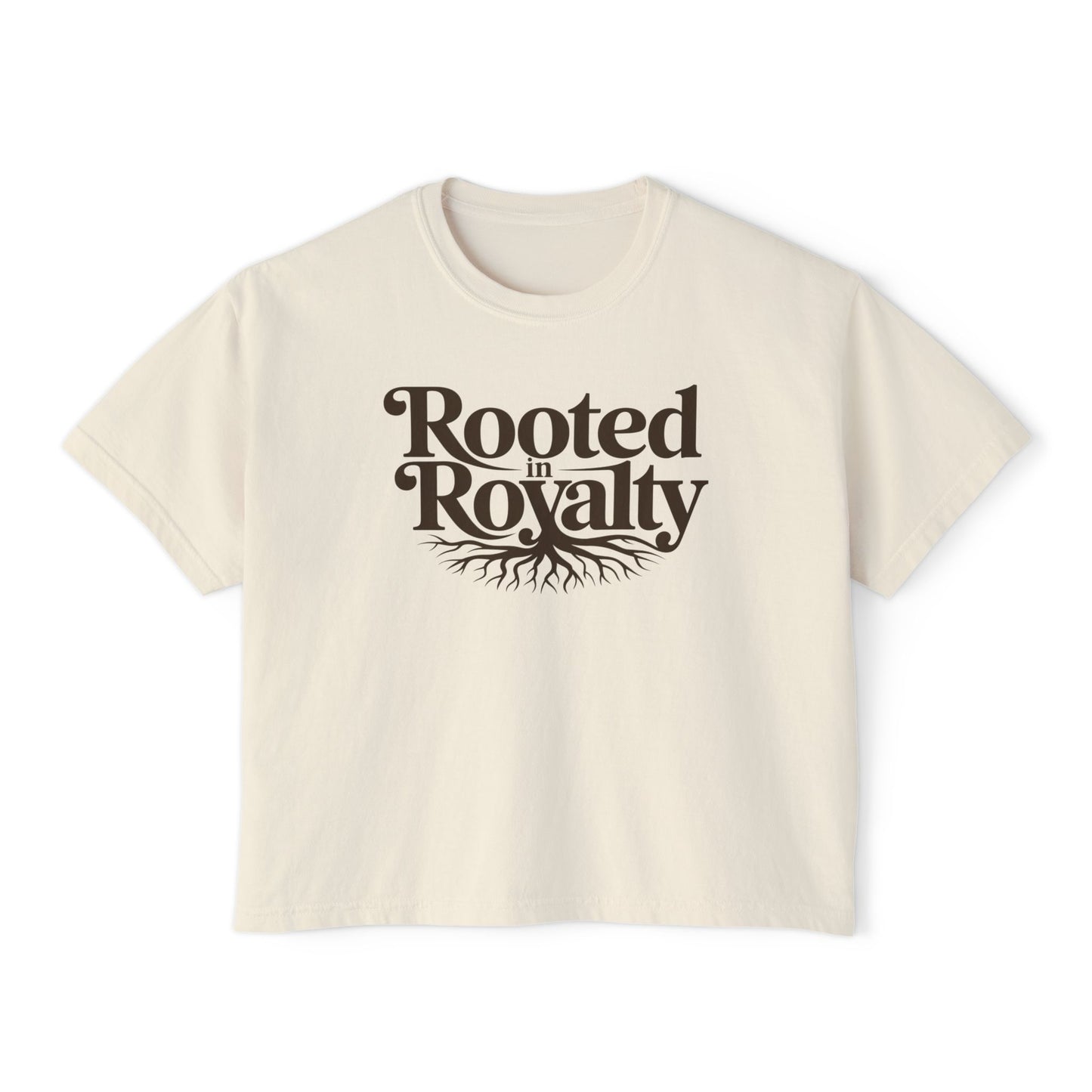 Rooted in Royalty Women's Boxy Tee — Vintage Script & Tree Roots Graphic