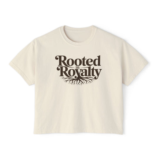 Rooted in Royalty Women's Boxy Tee — Vintage Script & Tree Roots Graphic