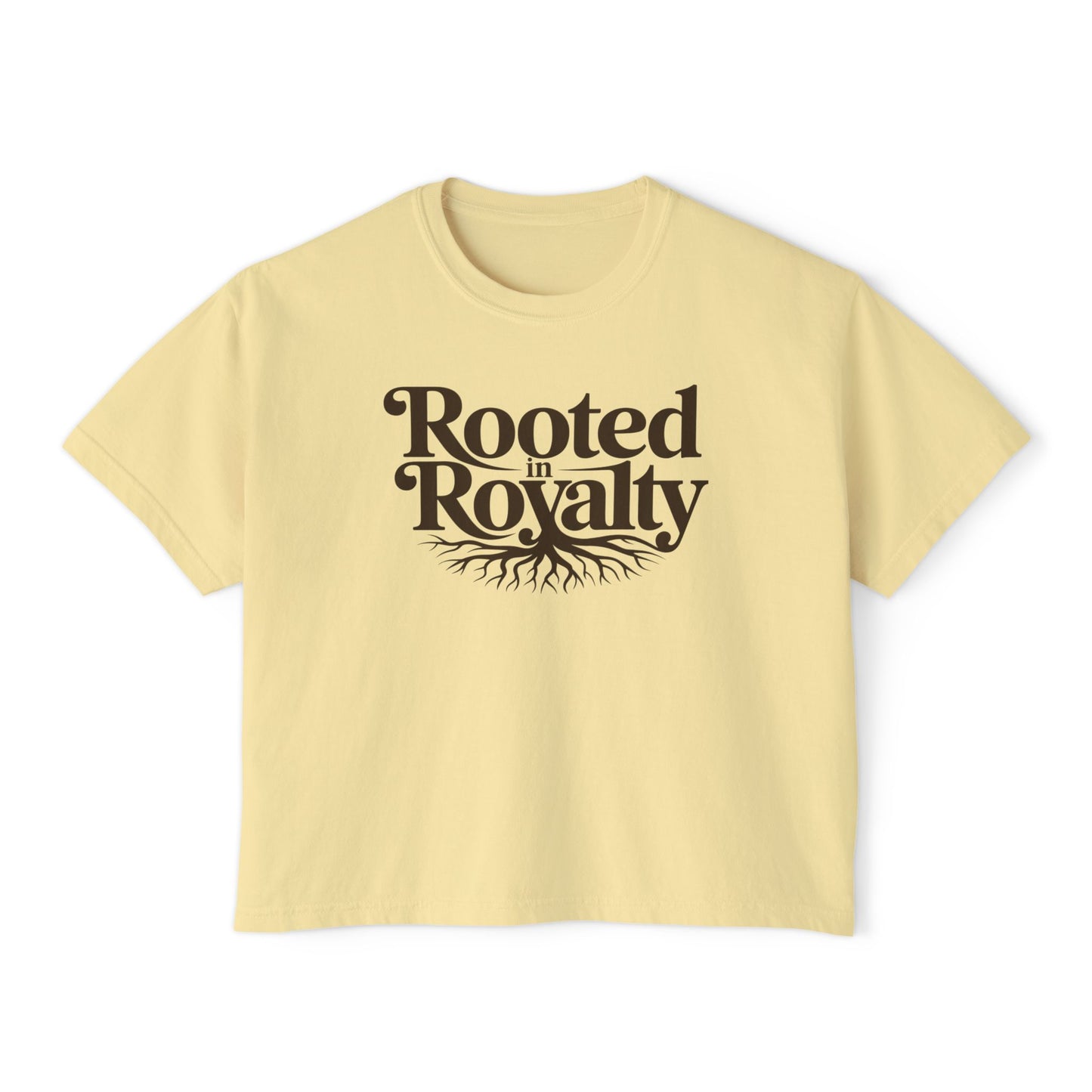 Rooted in Royalty Women's Boxy Tee — Vintage Script & Tree Roots Graphic