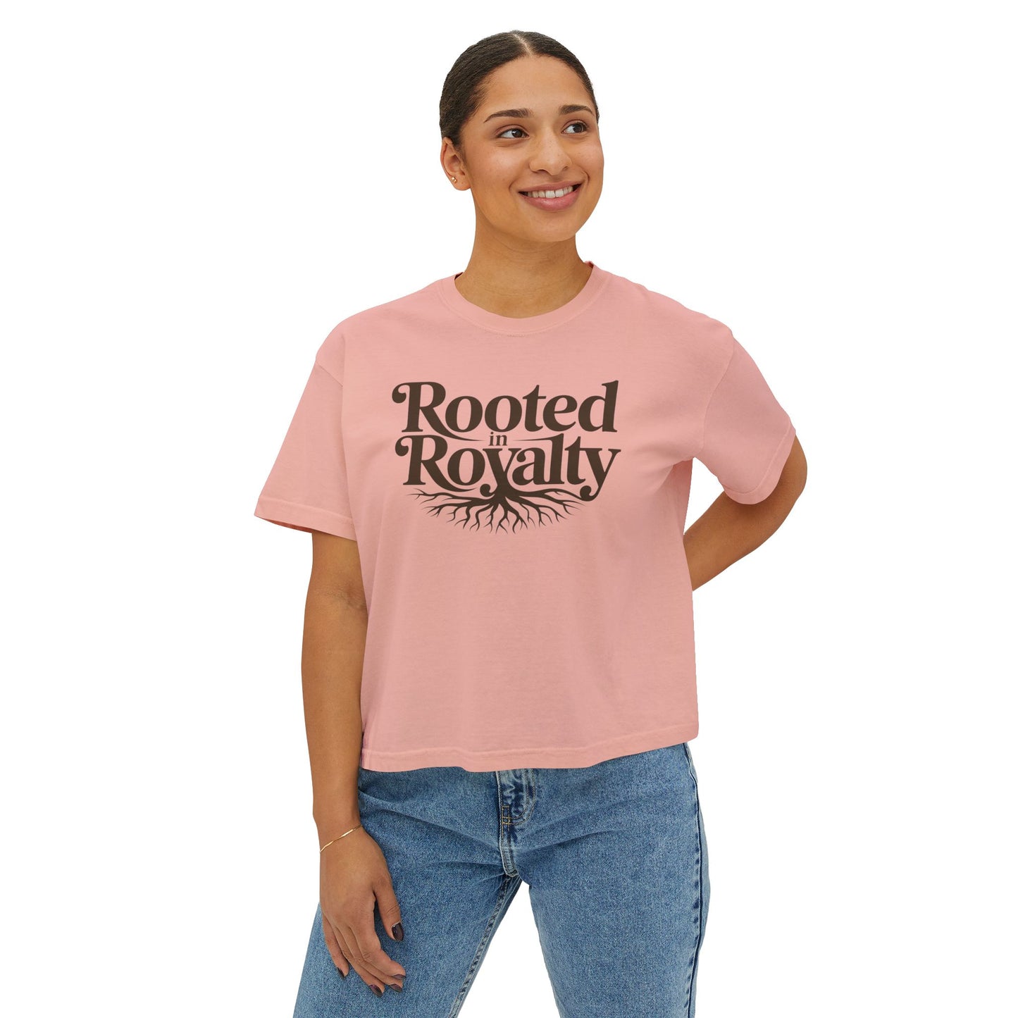Rooted in Royalty Women's Boxy Tee — Vintage Script & Tree Roots Graphic