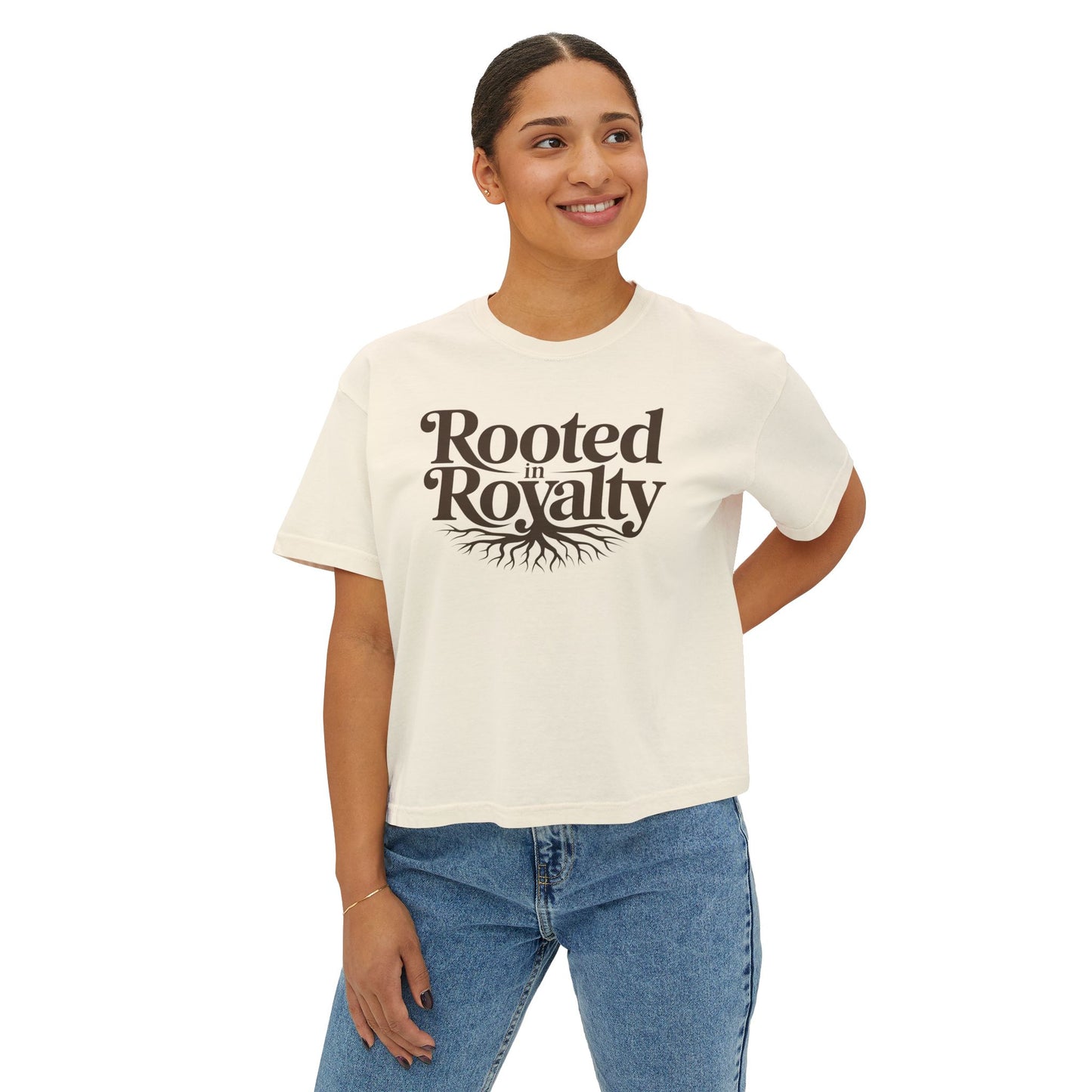 Rooted in Royalty Women's Boxy Tee — Vintage Script & Tree Roots Graphic