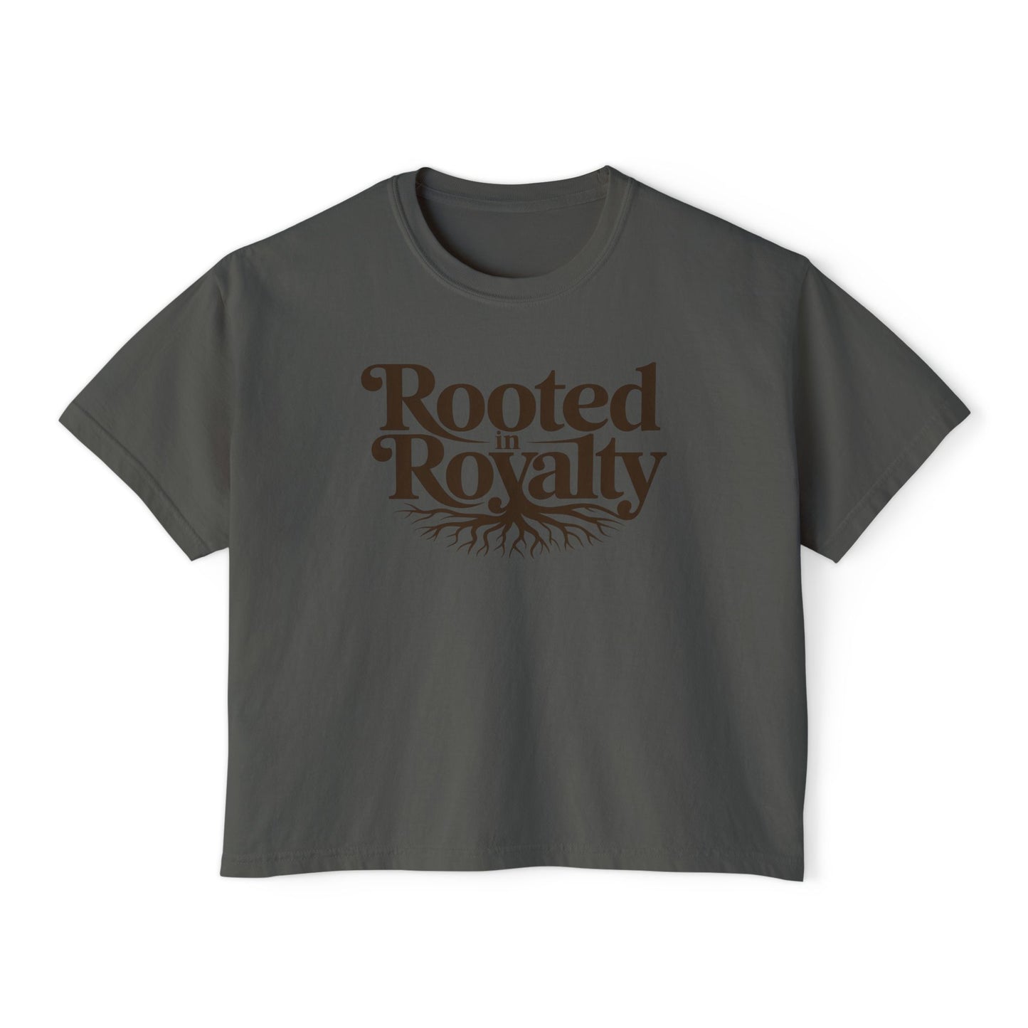 Rooted in Royalty Women's Boxy Tee — Vintage Script & Tree Roots Graphic