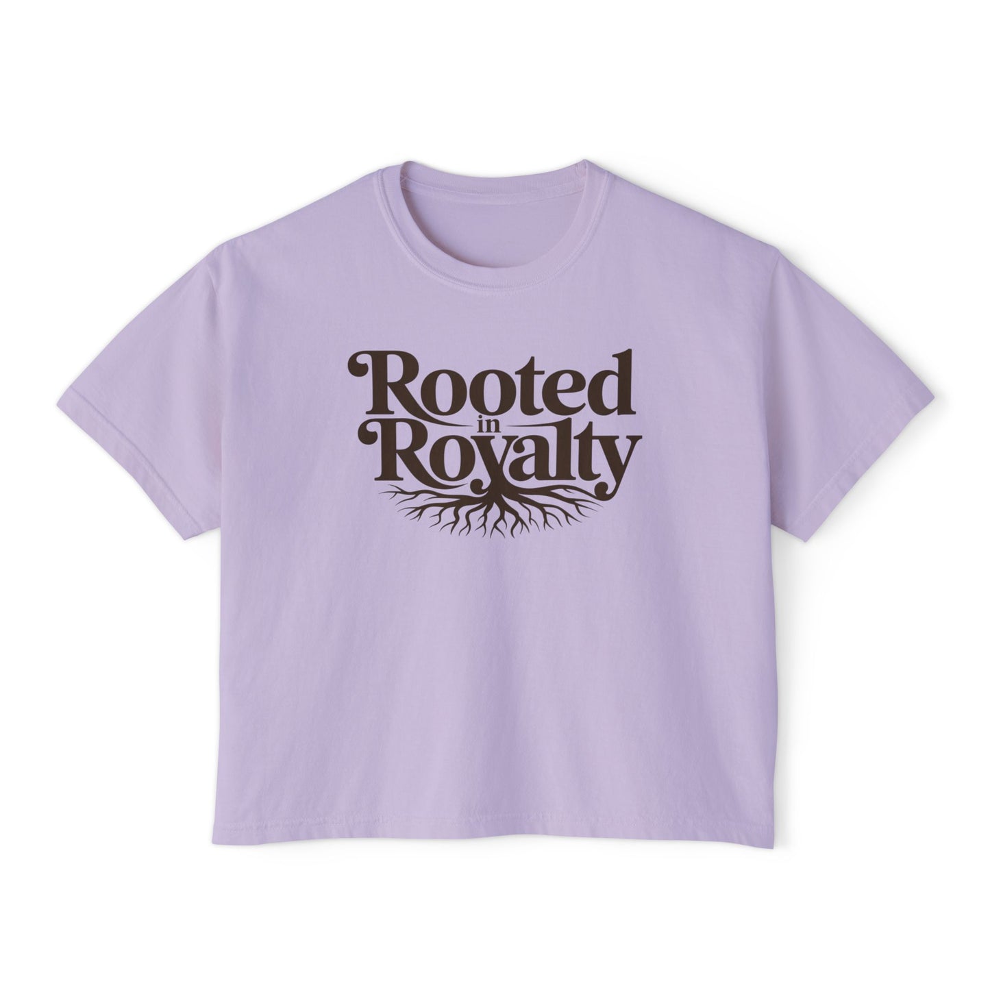 Rooted in Royalty Women's Boxy Tee — Vintage Script & Tree Roots Graphic