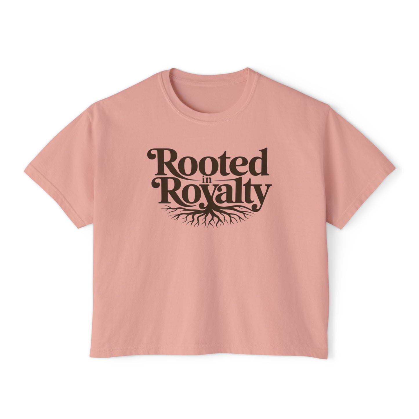 Rooted in Royalty Women's Boxy Tee — Vintage Script & Tree Roots Graphic
