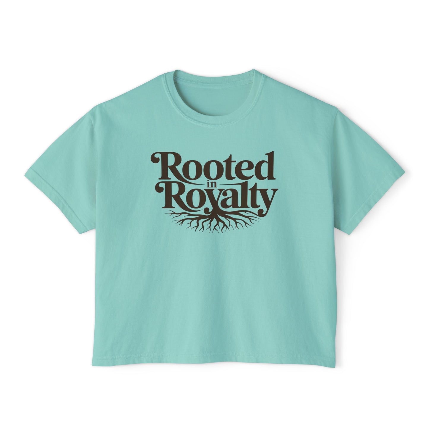 Rooted in Royalty Women's Boxy Tee — Vintage Script & Tree Roots Graphic