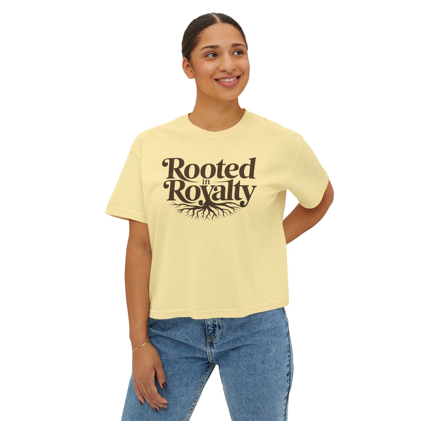 Rooted in Royalty Women's Boxy Tee — Vintage Script & Tree Roots Graphic