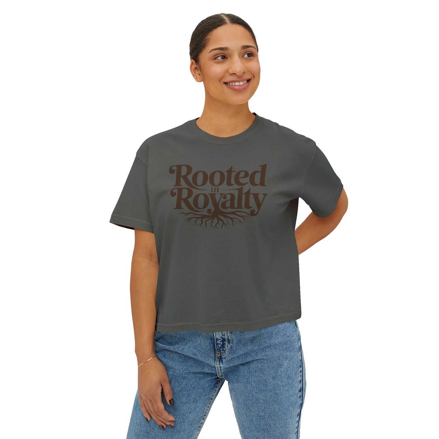 Rooted in Royalty Women's Boxy Tee — Vintage Script & Tree Roots Graphic