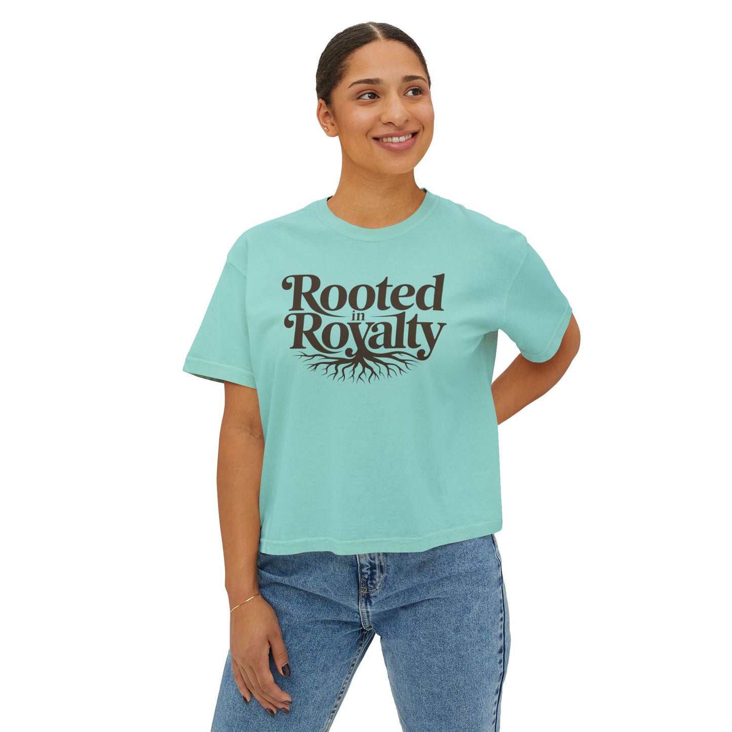 Rooted in Royalty Women's Boxy Tee — Vintage Script & Tree Roots Graphic