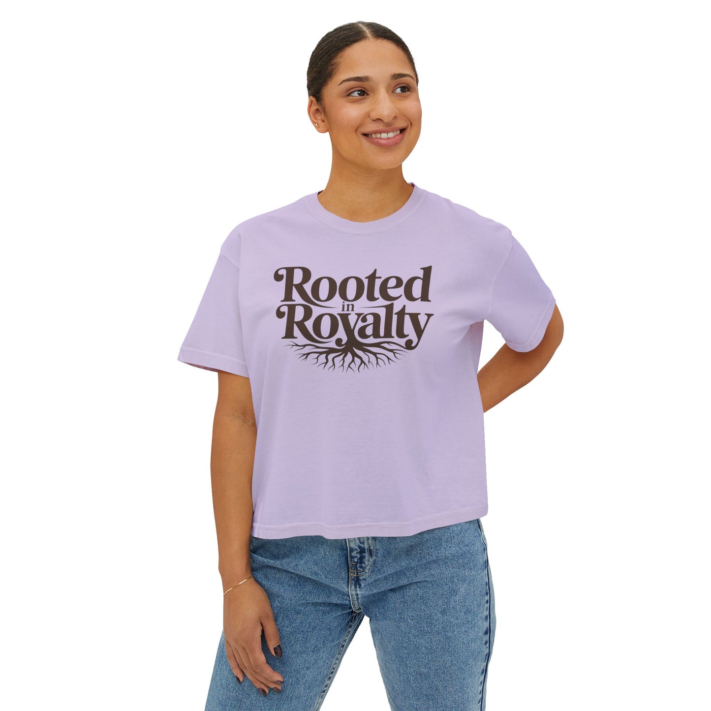 Rooted in Royalty Women's Boxy Tee — Vintage Script & Tree Roots Graphic